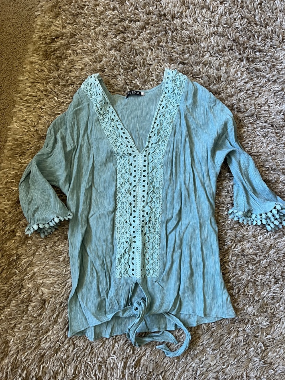 Light Teal Crochet-Trim Tie-Front Tunic Top